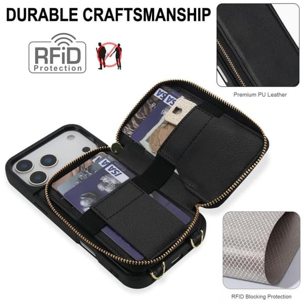 iPhone 18 Pro Max / iPhone 17 Pro Max Skal med Crossbody Dragkedja och RFID Kortficka Svart