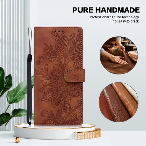 Redmi Note 14 Pro 5G - Lacey Blommönstrad Embossed Magnetisk Spänne PU fodral med Handledsrem Brun
