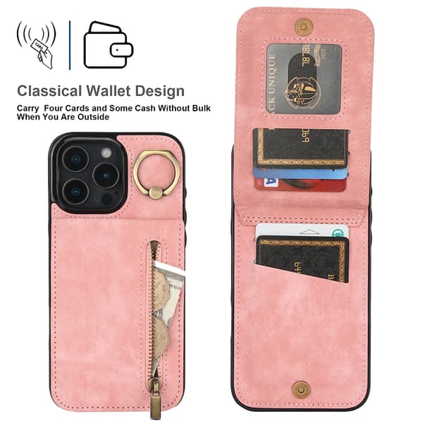 iPhone 16 Pro Retro Ring och Zipper RFID Kortfack Skal Rosa