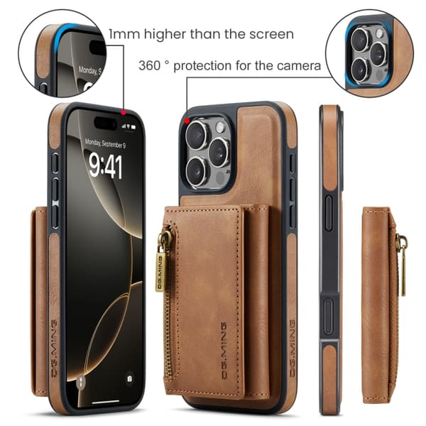 iPhone 16 Pro Max DG.MING M5 Series Zip RFID Multi Card Avtagbart Läder Fodral Skal Brun