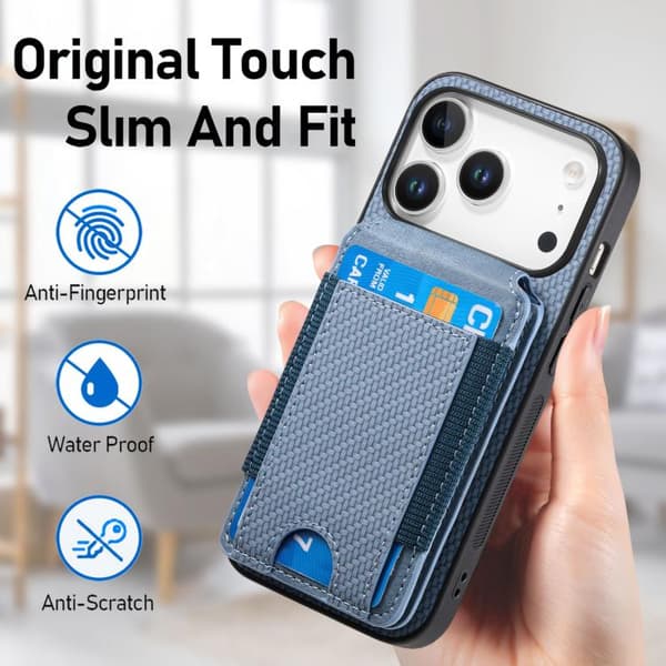 iPhone 18 Pro Max / iPhone 17 Pro Max Skal - Kolfiber med Vertikal Flip och Ställfunktion Blå