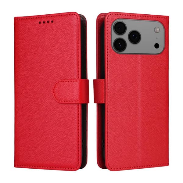 iPhone 18 Pro Max / iPhone 17 Pro Max Skal läderfodral med Litchi-textur och RFID-blockering för 3 kort Röd