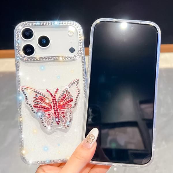 iPhone 18 Pro Max / iPhone 17 Pro Max Skal med Diamant Glittrande Fjärilshållare Vit