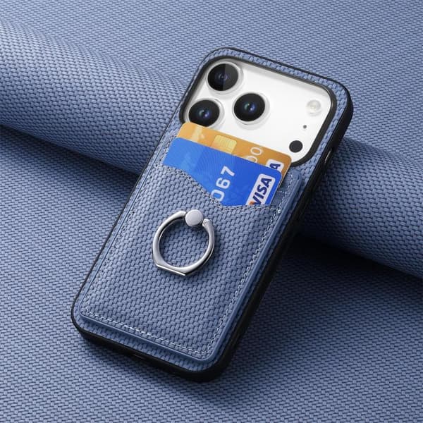 iPhone 18 Pro Max / iPhone 17 Pro Max Skal - Kolfiber med Kortficka och Ring Blå
