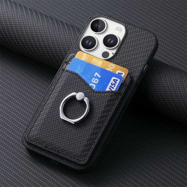 iPhone 16 Pro Max Kolfiber Kortplånbok Ring Skal Svart