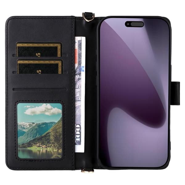 iPhone 18 Pro Max / iPhone 17 Pro Max Skal Läderfodral med Multifunktionella 6-Kortsplatser och Handledsrem Svart