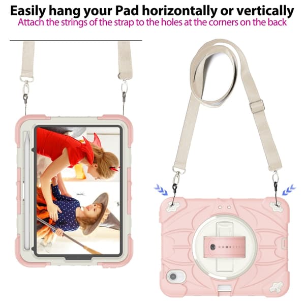 iPad mini 6 / mini 2024 Bat Hand Grip Turntable Skal - Läderfodral Rosa Vit