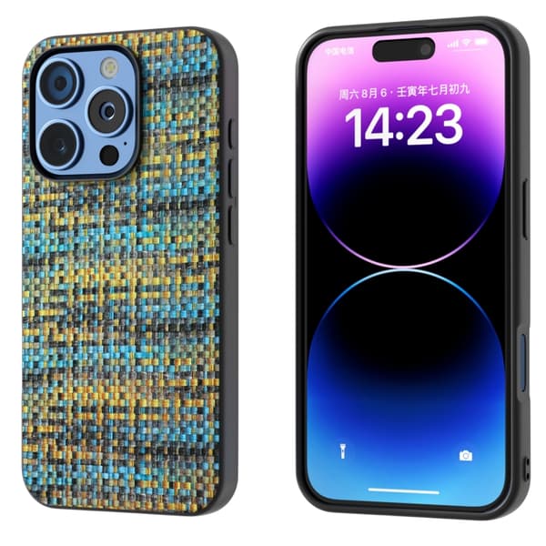 iPhone 16 Pro Skal med Svart Ram och Lattice Textur PU-material Guld