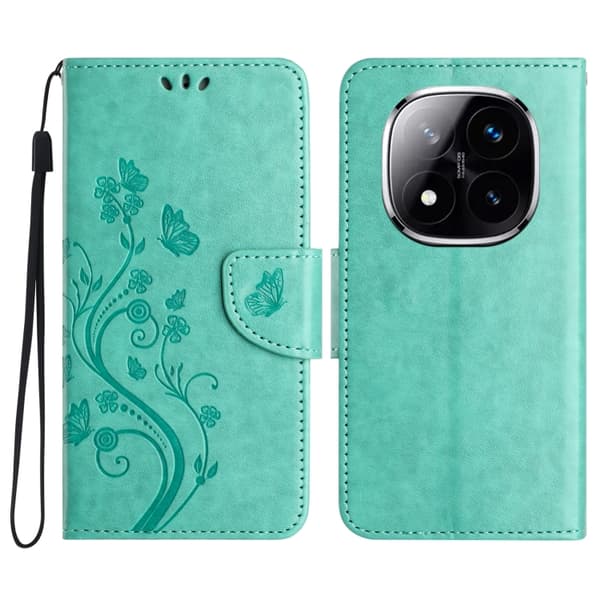 Redmi Note 14 Pro+ 5G - Flip Läderfodral med Fjäril Blommönster Grön