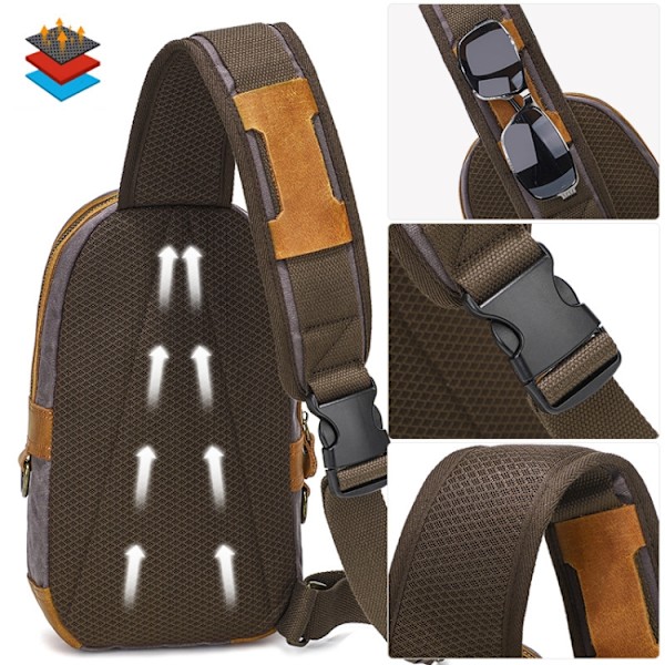 Herr Bröstväska Vaxad Canvas Crazy Horse Läder Axelväska Crossbody Väska Casual Midjeväska Kaki