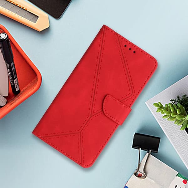 iPhone 17 Pro Max Skal läderfodral med broderad präglad design Röd