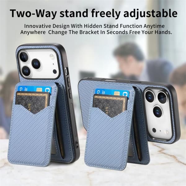 iPhone 17 Pro Skal - Kolfiber med MagSafe - Vertikal Flip Kortficka Blå