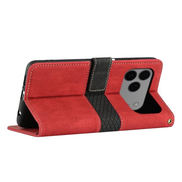 iPhone 18 Pro Max / iPhone 17 Pro Max Skal läderfodral med lanyard - Grid Stitching Röd