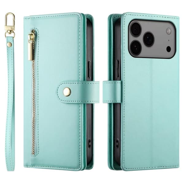 iPhone 18 Pro Max / iPhone 17 Pro Max Skal läderfodral med nio kortfack och dragkedja Mintgrön