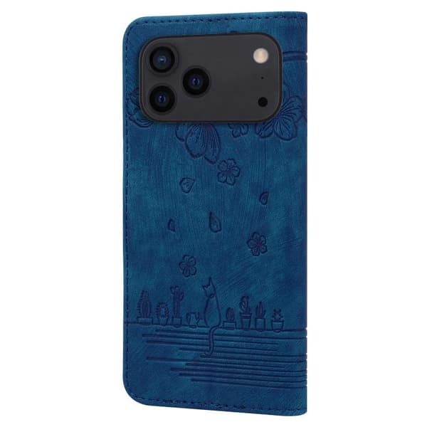 iPhone 18 Pro / iPhone 17 Pro Skal läderfodral med Cartoon Sakura Katt Prägling Kunglig blå