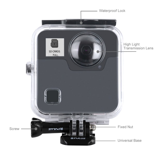 45m Vattentätt Stöttåligt Undervattenshus Dykfodral för GoPro Fusion, med Spänne Basfäste & Skruv