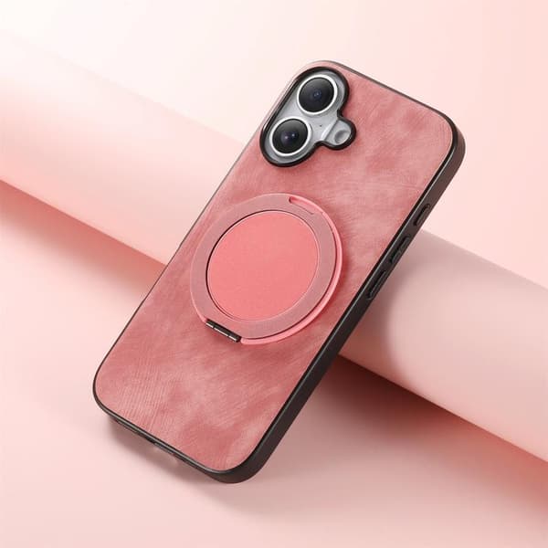 iPhone 17 Retro Läder Rotations Rund Skal Rosa