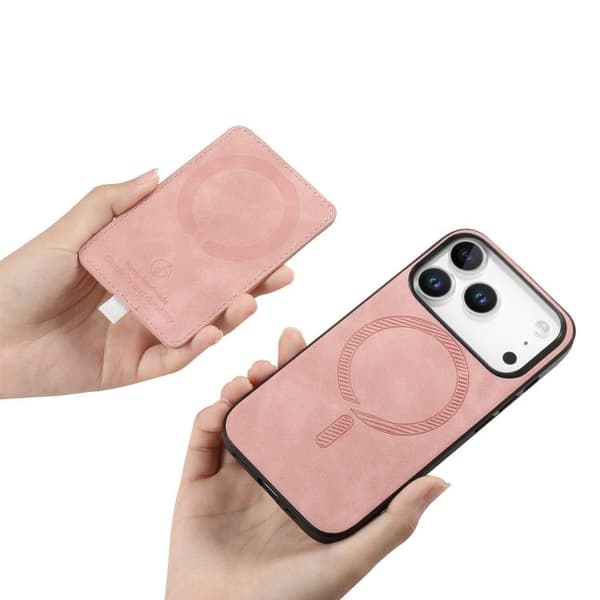 iPhone 18 Pro / iPhone 17 Pro Skal - Retro Korsläder med Ring och Sidofack för Kort, MagSafe Rosa
