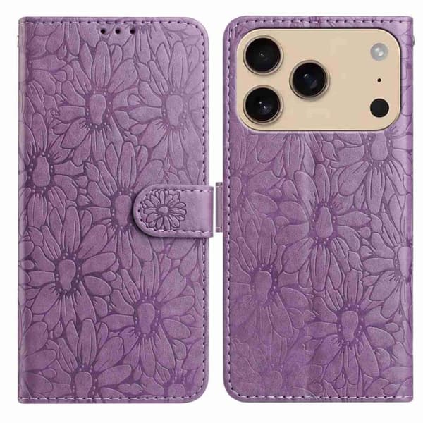 iPhone 18 Pro Max / iPhone 17 Pro Max Skal Läderfodral med Daisy Prägling Ljuslila