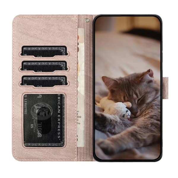 iPhone 17 Skal läderfodral med kattprägling och rem Grå