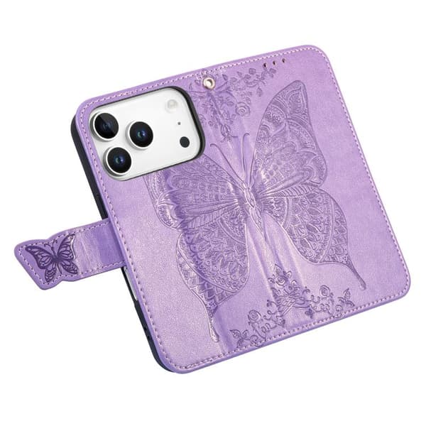 iPhone 18 Pro Max / iPhone 17 Pro Max Skal läderfodral med fjäril och blomma - relief Lavendel