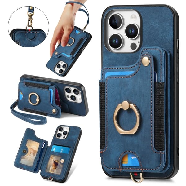 iPhone 16 Pro Max Retro Skinnkänsla Ring Multi-kort Plånboks Skal Blå