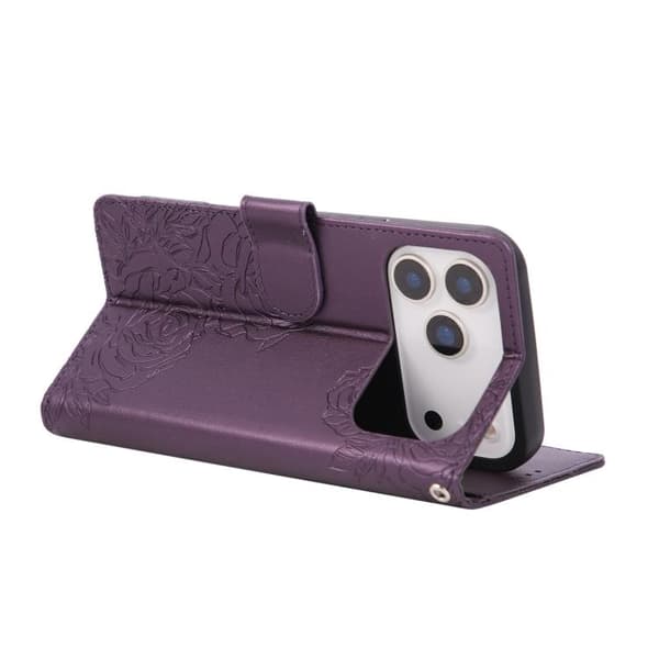 iPhone 18 Pro / iPhone 17 Pro Skal läderfodral med rosblommor och 3 kortfack Djup lila