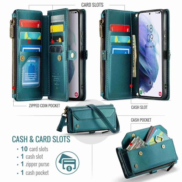 Samsung Galaxy S21+ 5G Skal CaseMe C36 med kortfack, dragkedja, RFID-skydd, läder Blågrön