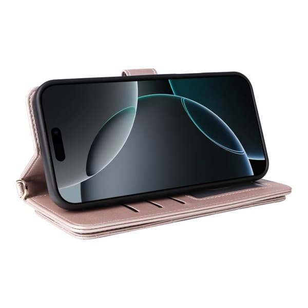 iPhone 16 Pro Skal Läder med Multifunktionella 6-Kortsplatser och Handledsrem Rosa