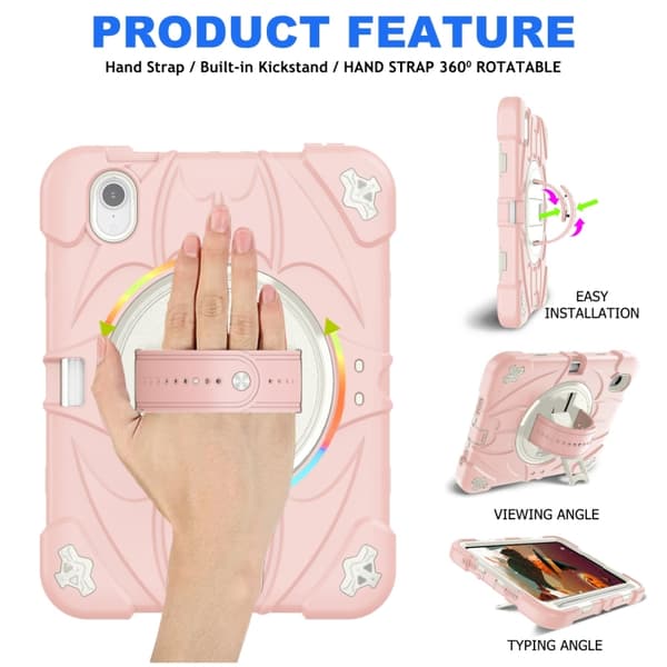 iPad mini 6 / mini 2024 Bat Hand Grip Turntable Skal - Läderfodral Rosa Vit