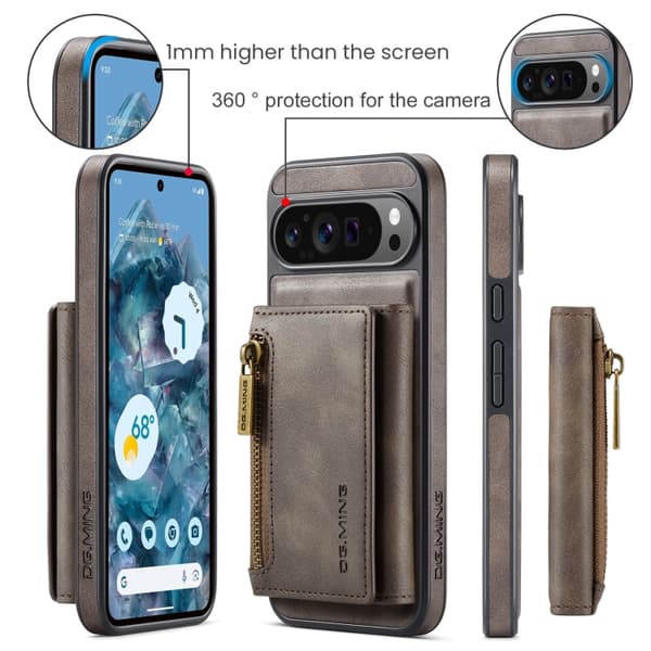 för Pixel 9 Pro XL Fodral DG.MING M5 Series Zip RFID Multi Card Detachable Läder Skal Kaffe