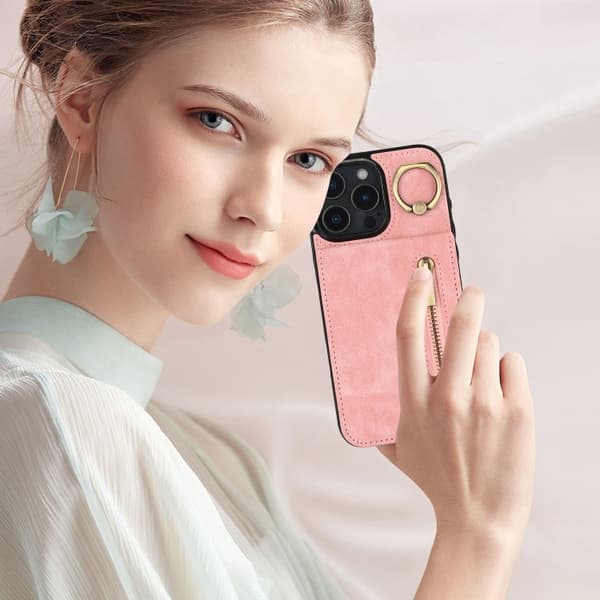 iPhone 16 Pro Max Retro Ring och Zipper RFID Kortfack Skal Rosa