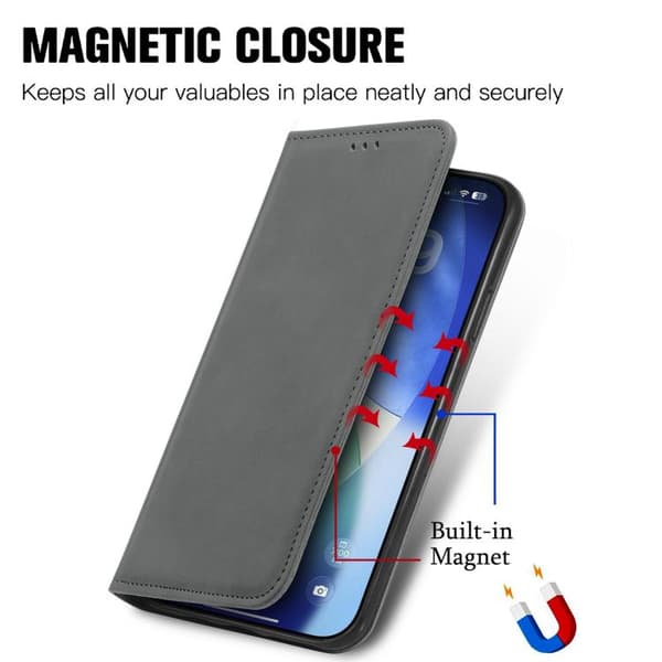 iPhone 18 Pro Max / iPhone 17 Pro Max Skal läderfodral med retro känsla och magnetisk flip Grå