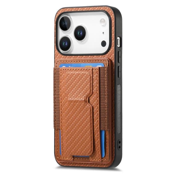 iPhone 17 Pro Skal - Kolfiber med Fällbart Ställ och Elastisk Kortficka Brun