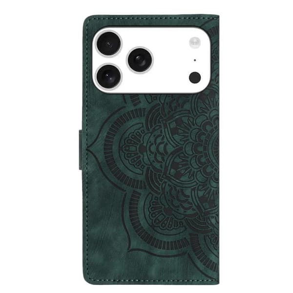 iPhone 18 Pro Max / iPhone 17 Pro Max Skal Läderfodral med Mandala Prägling - Retro Frostad Design Grön