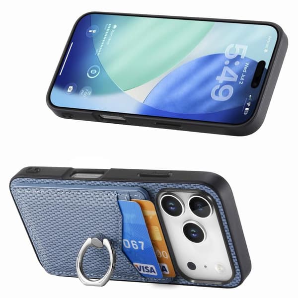 iPhone 18 Pro / iPhone 17 Pro Carbon Fiber Kortplånbok Ring Skal Blå