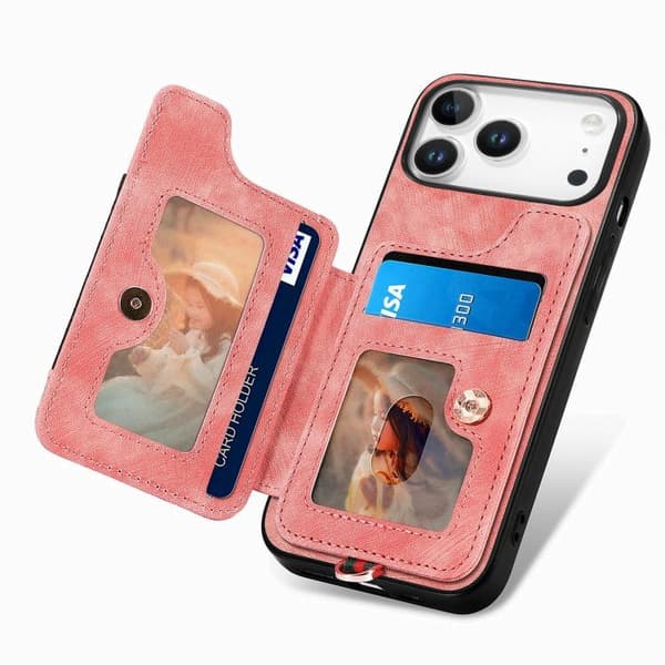 iPhone 18 Pro / iPhone 17 Pro Retro Skinnkänsla Ring Multi-kort Plånboks Skal Rosa