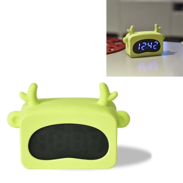 Mini söt tecknad multifunktionell digital lysande termometer liten väckarklocka (grön hjort)