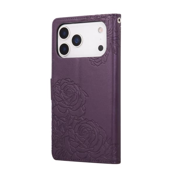 iPhone 18 Pro Max / iPhone 17 Pro Max Skal läderfodral med rosblomma och 3 kortfack Djup lila