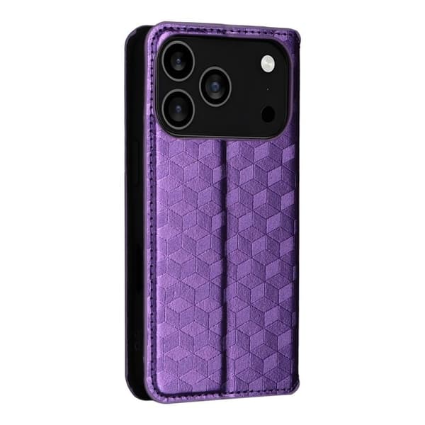 iPhone 18 Pro / iPhone 17 Pro Skal läderfodral med kubisk rutmönster Purpur