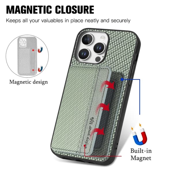 iPhone 16 Pro Max Skal Kolfiber med Magnetisk Kortficka och RFID-Skydd Grön