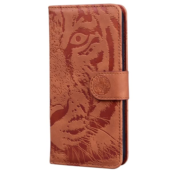 iPhone 16 Pro Tiger Embossing Pattern Fodral - Elegant och Slitstark Skal Läder Brun