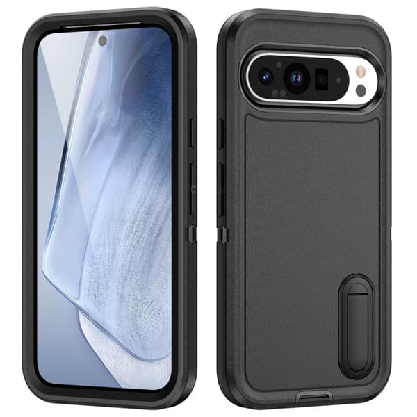 för Pixel 9 Pro Skal - Robust PC + Silikon Telefonfodral med Hållare Svart
