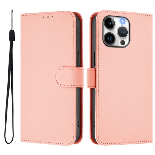 iPhone 16 Pro Skal Solid Färg med Lanyard - Läderfodral Rosa