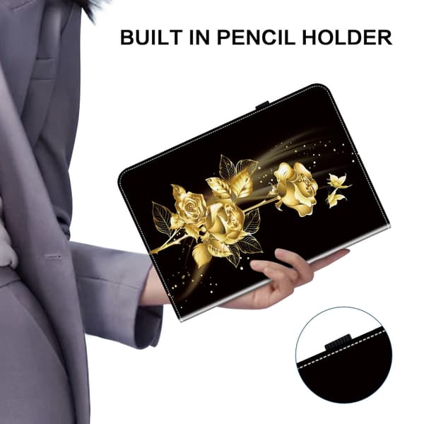 Samsung Galaxy Tab A9 / A11 Läderfodral med Kristalltextur Guldfjäril Ros