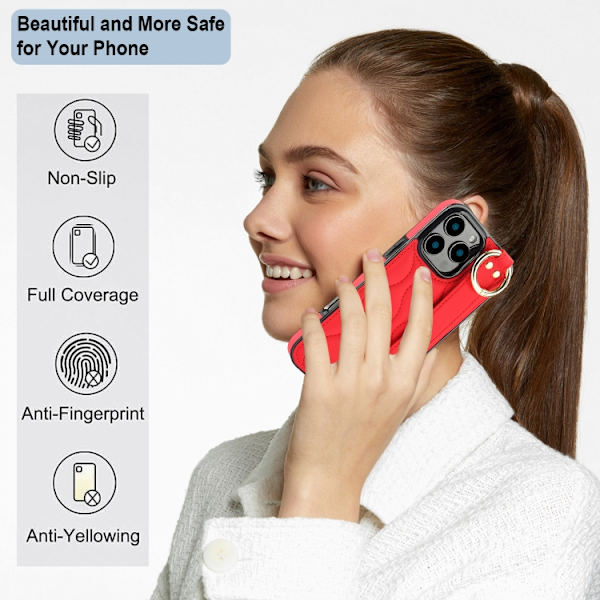 iPhone 16 Pro Skal med Handledsrem - Non-slip Full Coverage PU Skydd Röd