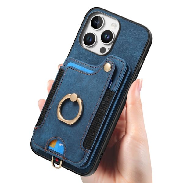 iPhone 16 Pro Max Retro Skinnkänsla Ring Multi-kort Plånboks Skal Blå