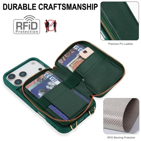 iPhone 18 Pro Max / iPhone 17 Pro Max Skal med Crossbody Dragkedja och RFID Kortficka Grön