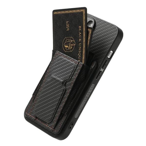 iPhone 18 Pro / iPhone 17 Pro Skal - Kolfiber med Fällbart Ställ och Elastisk Kortficka Svart