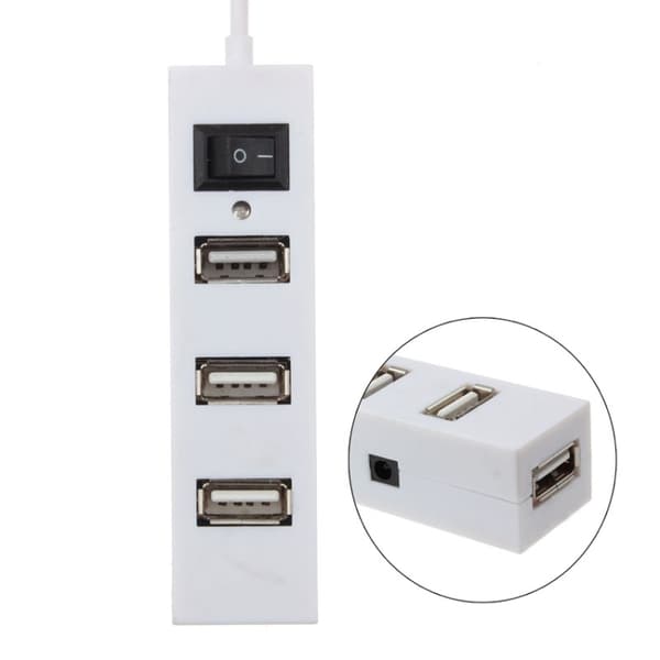 4-Port USB Hub 2.0 med Strömbrytare (Vit) - USB Splitter Adapter